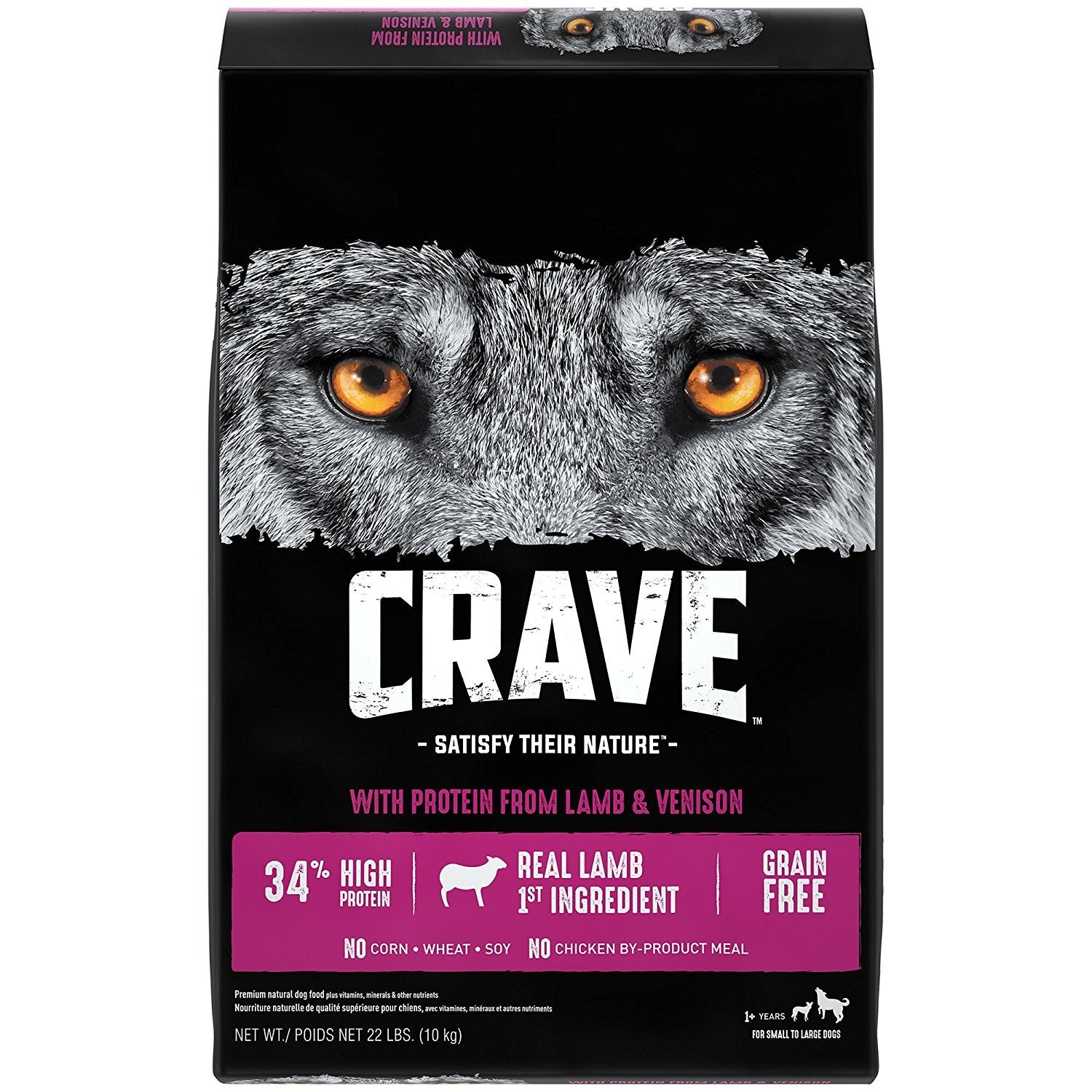 CRAVE sans céréales pour chien adulte à l’agneau, sac de 10 kg — emballage pratique.