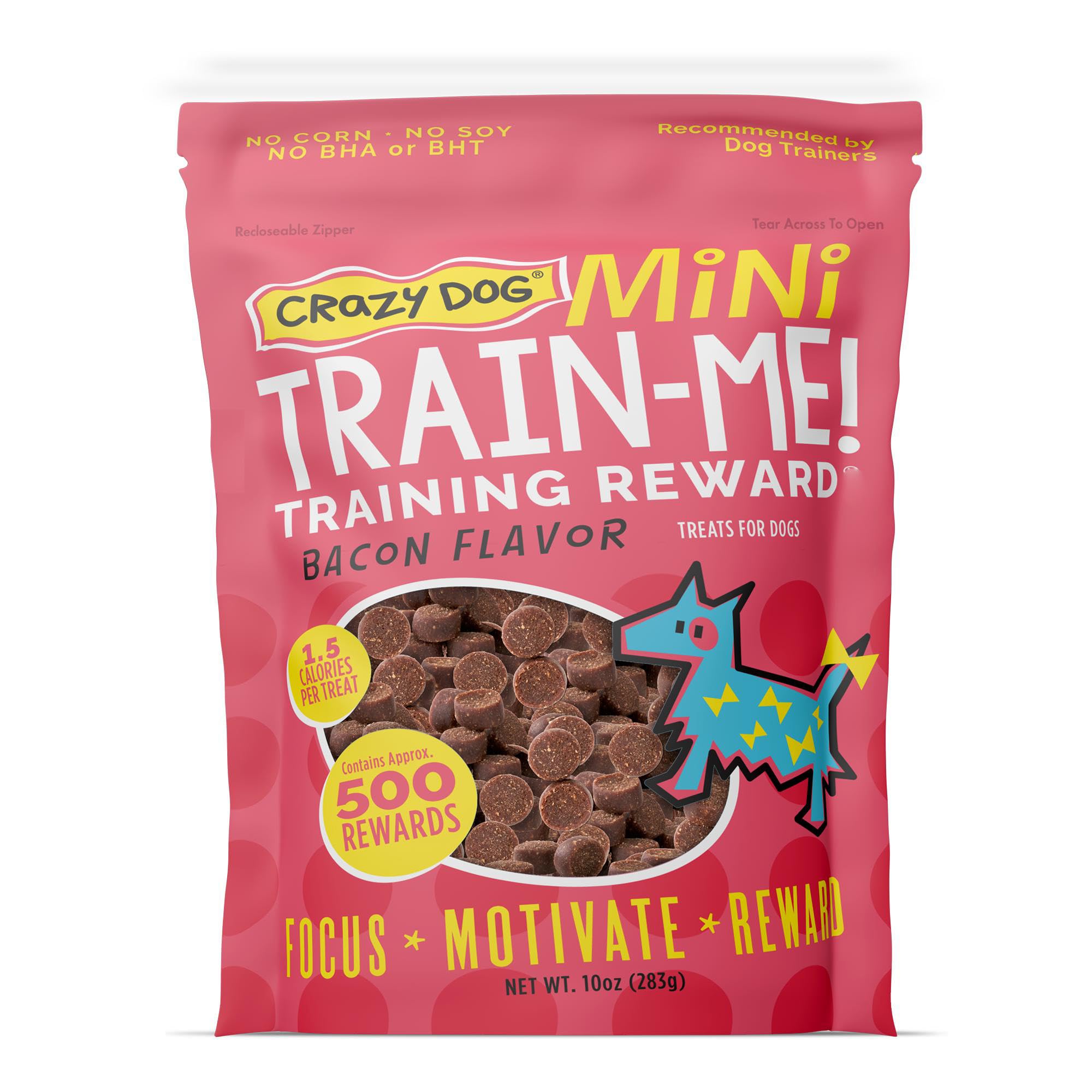 Crazy Dog Mini Train-Me! sachet 10oz saveur bacon : récompense idéale pour l'entraînement.