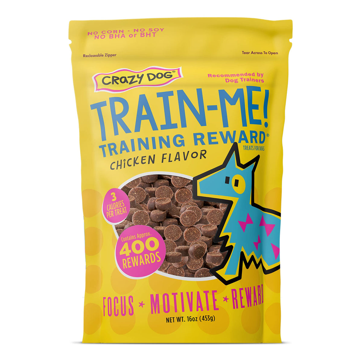 Crazy Dog Train-Me! Emballage du produit, friandises pratiques pour l'entraînement.