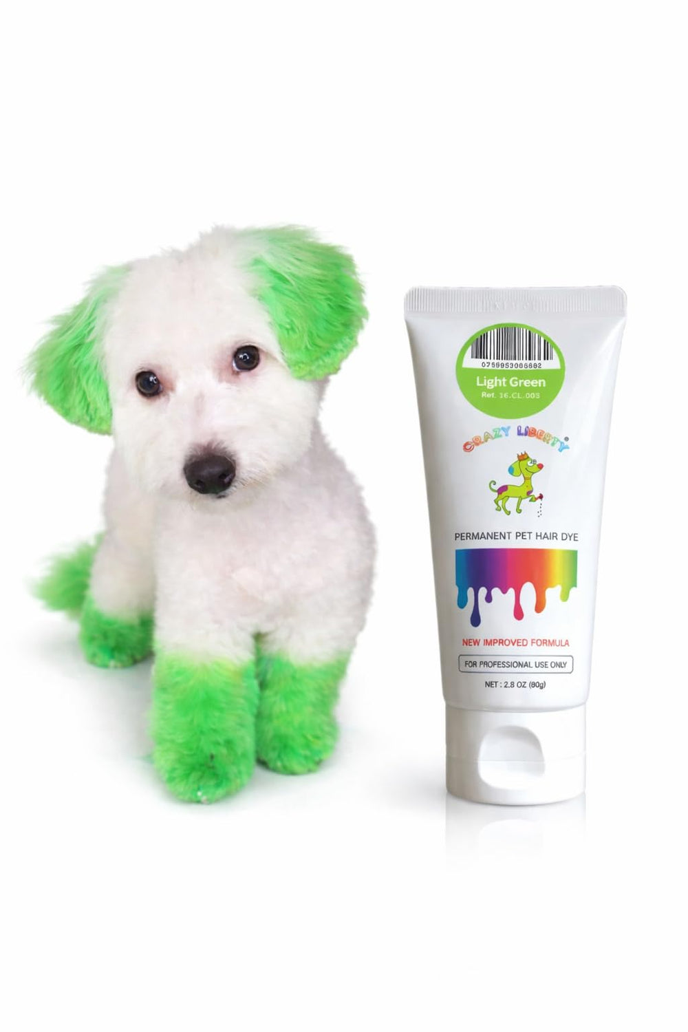 CRAZY LIBERTY teinture poil chien vert clair sur emballage et couleur fraîche.