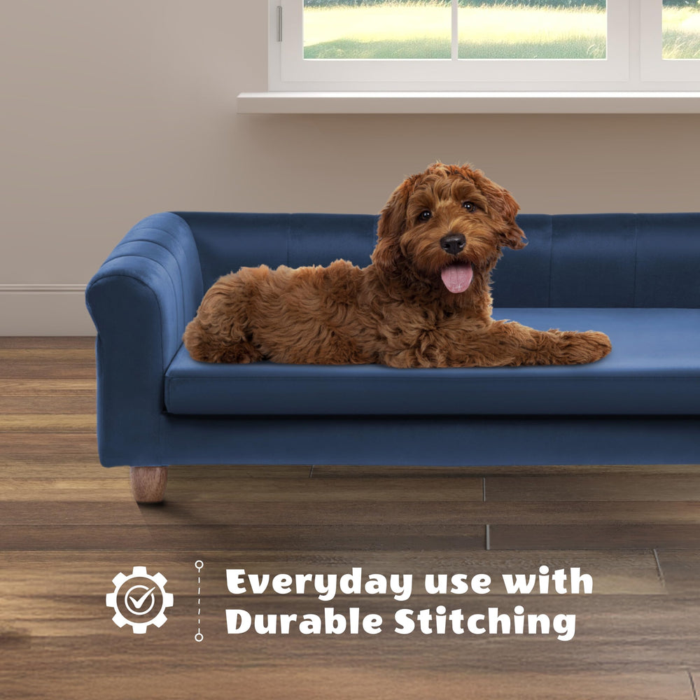 CRITTER SITTERS canapé-chien-velours-bleu-marine: assise surélevée pour garder votre animal au sec.