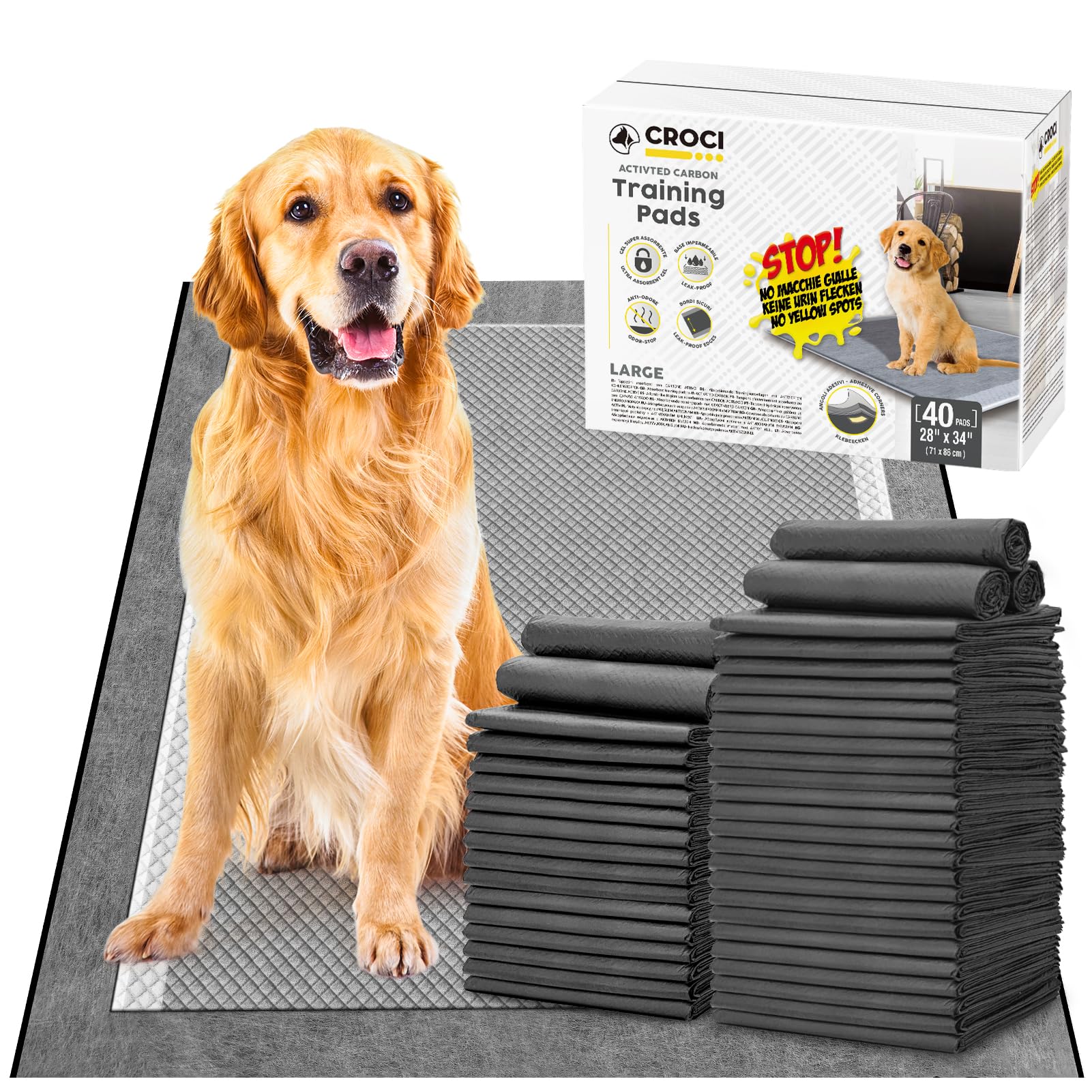 Croci Charcoal Puppy Pads emballage 40 unités prêt à l'emploi.