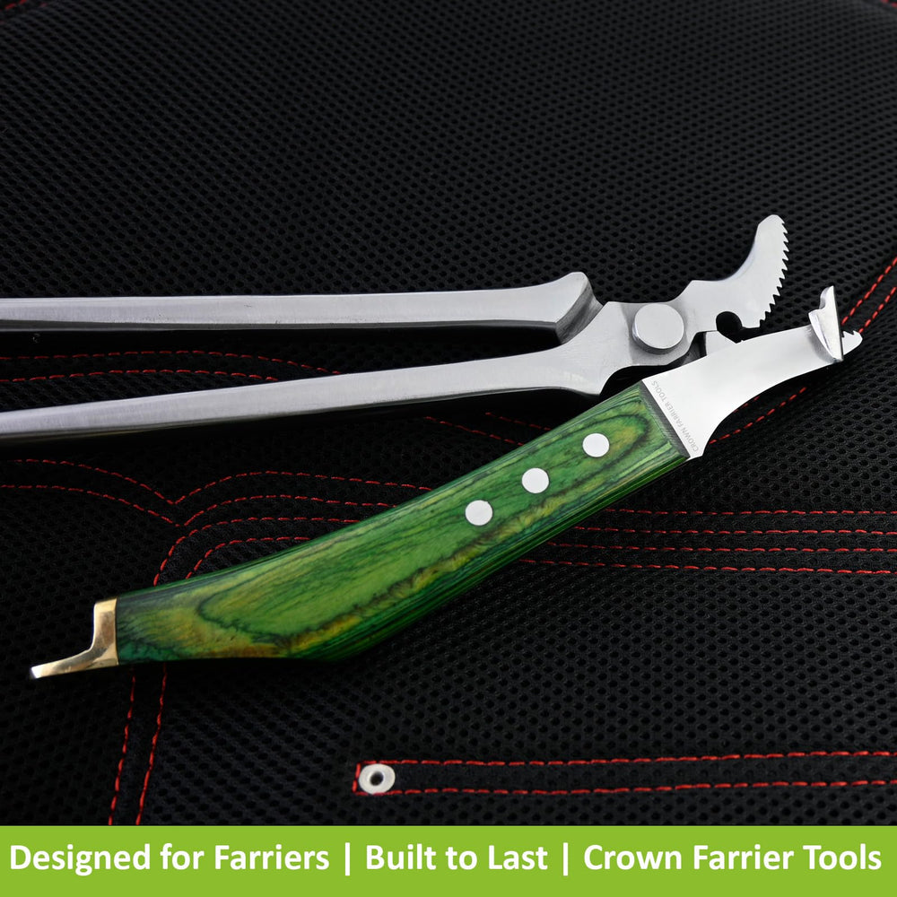 Crown Farrier Tools poignée-bois-vert : équilibre parfait et confort lors des séances.