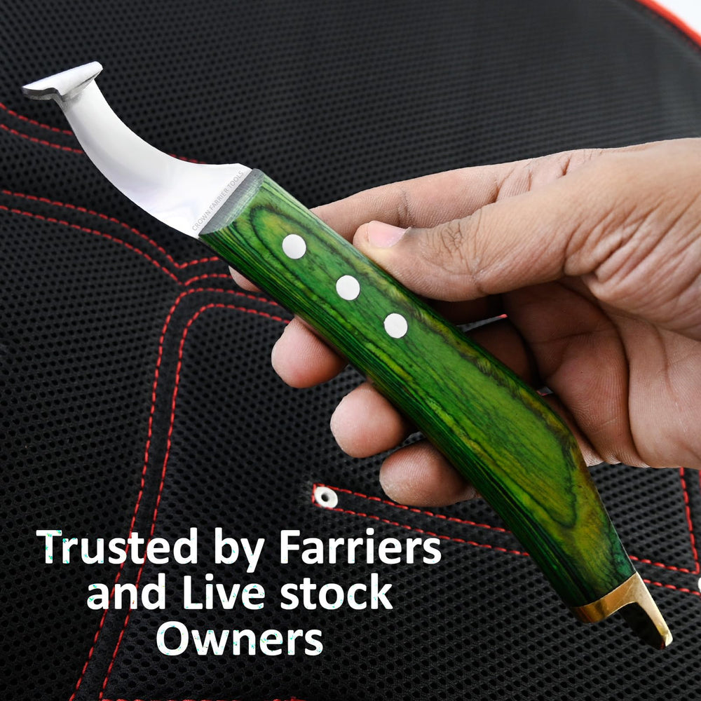 Crown Farrier Tools utilisation-main-gauche : angles de coupe optimisés et contrôle précis.