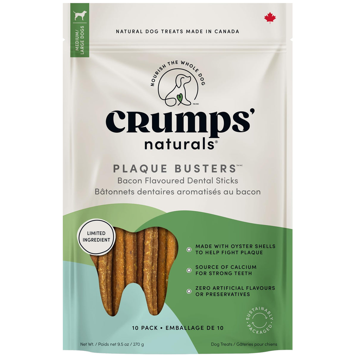Crumps’ Naturals Bacon Dental, ensemble croquant pour chien, favorise l’hygiène bucco-dentaire.