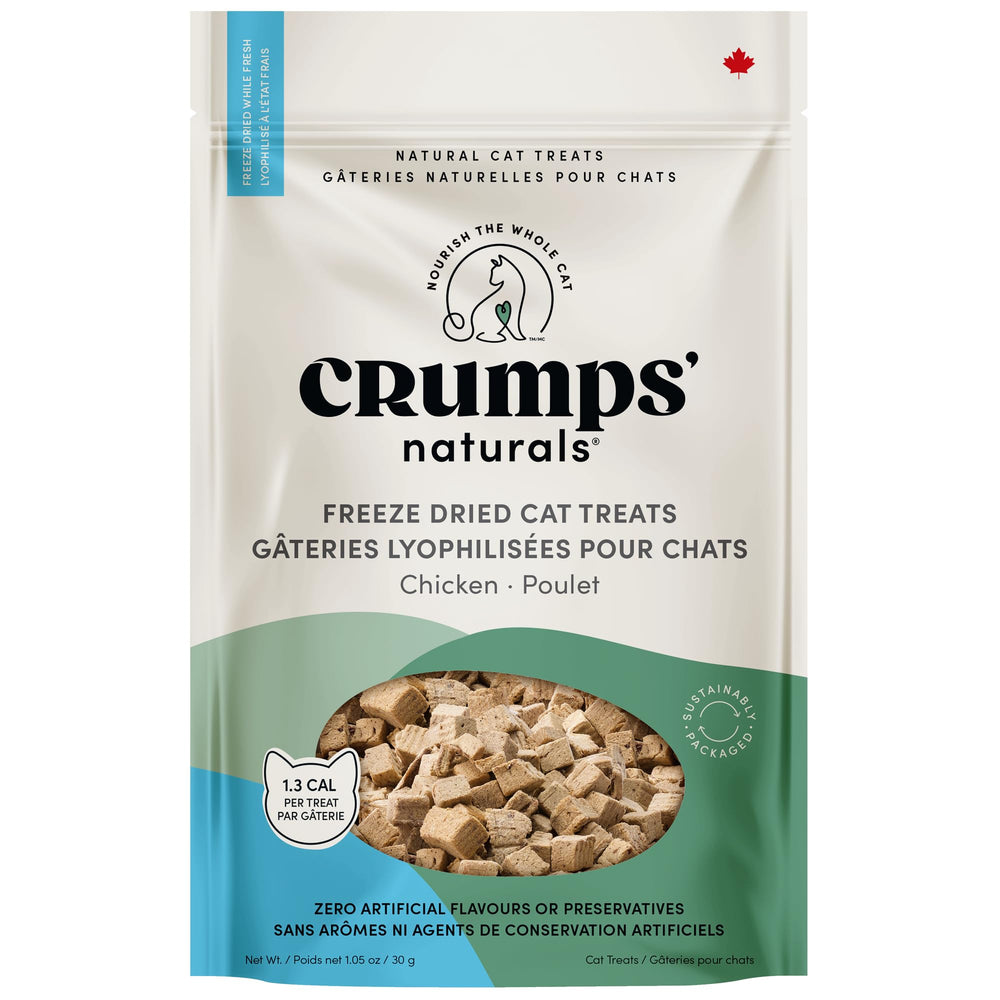 Crumps’ Naturals: friandises chat poulet lyophilisées, sachet pratique pour récompense.