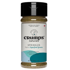 Crumps' Naturals Fish + Superfood Greens sprinkles dans la bouteille, enrichissement facile des repas.
