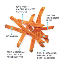 Crumps’ Naturals Frites patate douce texture masticable pour la mastication prolongée.