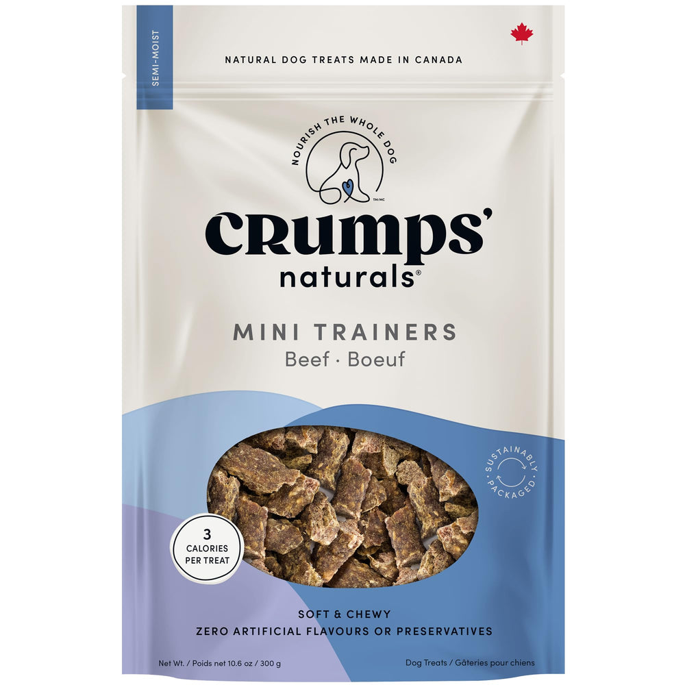 Mini Trainers Crumps’ Naturals au bœuf – emballage avant, friandise naturelle idéale pour l’entraînement