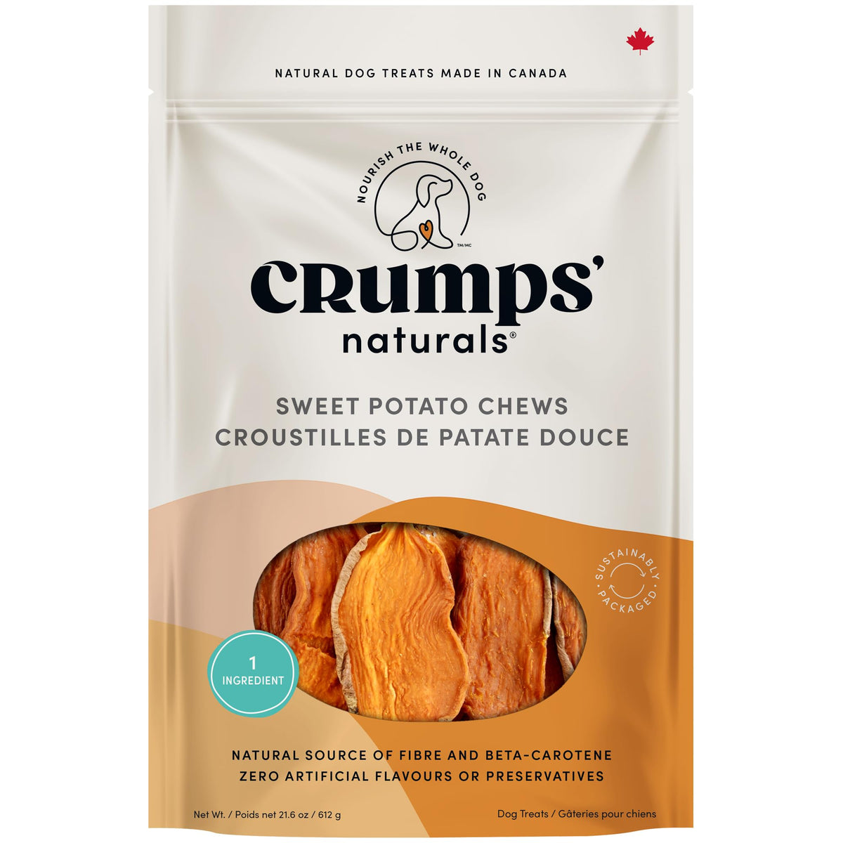 Crumps’ Naturals patates douces tranchees : collation naturelle et savoureuse pour chiens.