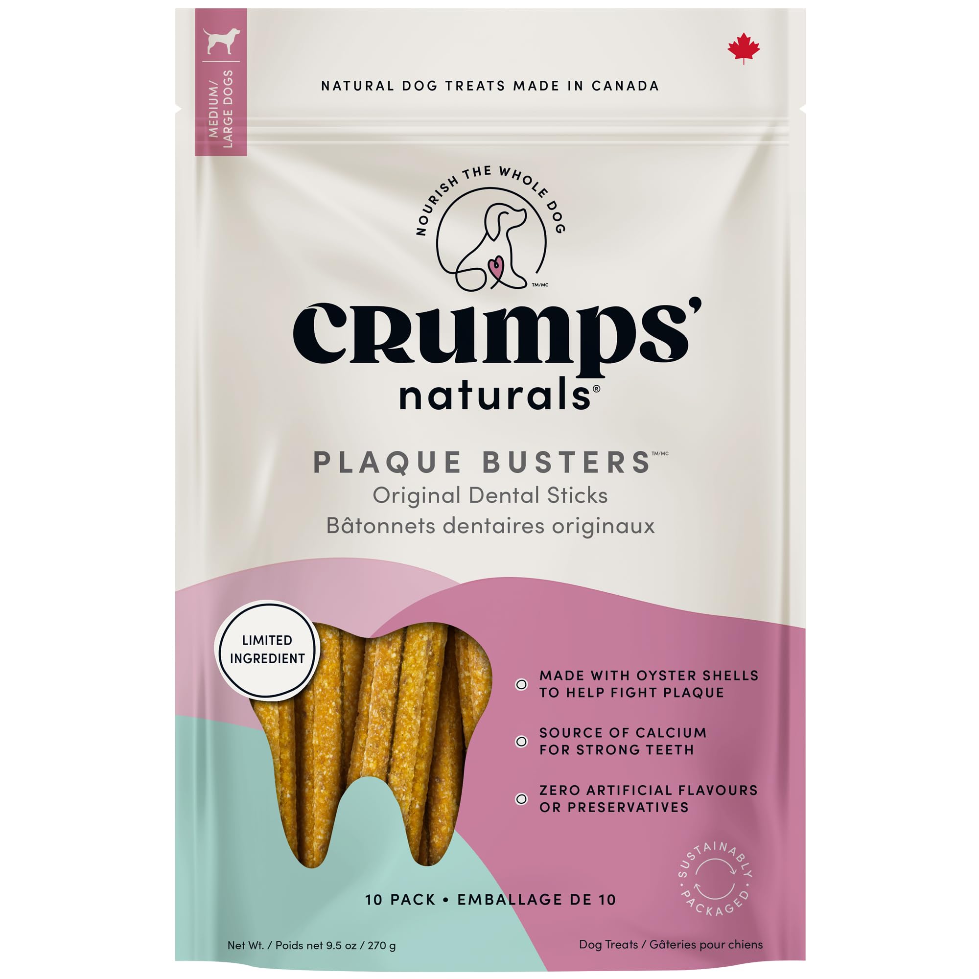 Emballage Crumps’ Naturals Plaque Busters, variation possible, pratique pour le chien.