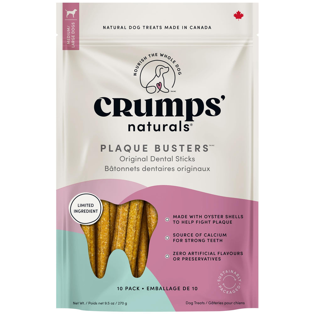 Emballage Crumps’ Naturals Plaque Busters, variation possible, pratique pour le chien.