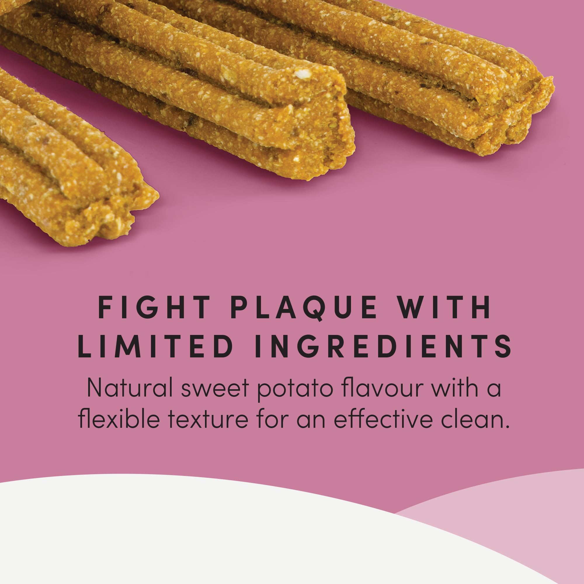 Texture croquante Crumps’ Naturals Plaque Busters pour encourager la mastication.