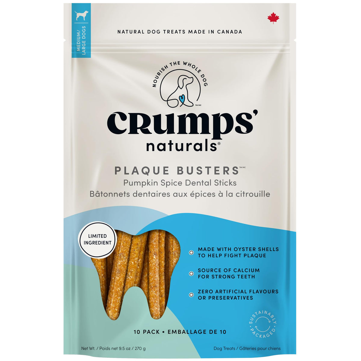 Crumps’ Naturals Plaques Busters Pumpkin Spice dans l'emballage prêt à l'achat, approche naturelle.