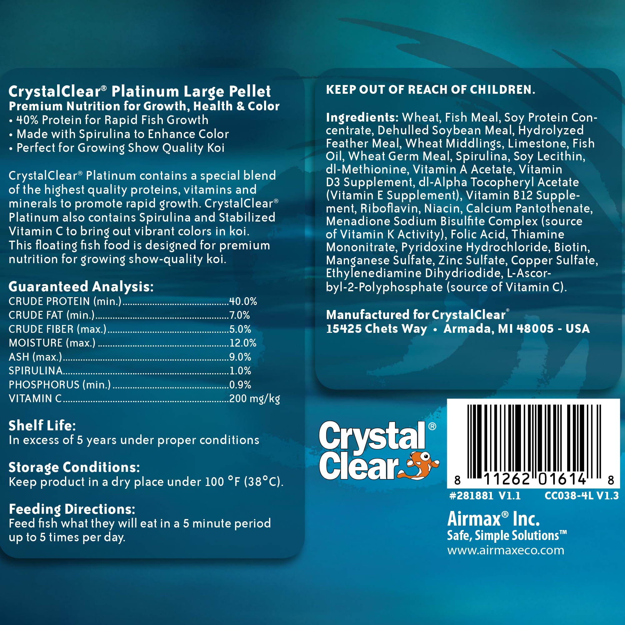Pellets CrystalClear 5 mm pour koi, soutiennent croissance et couleur.