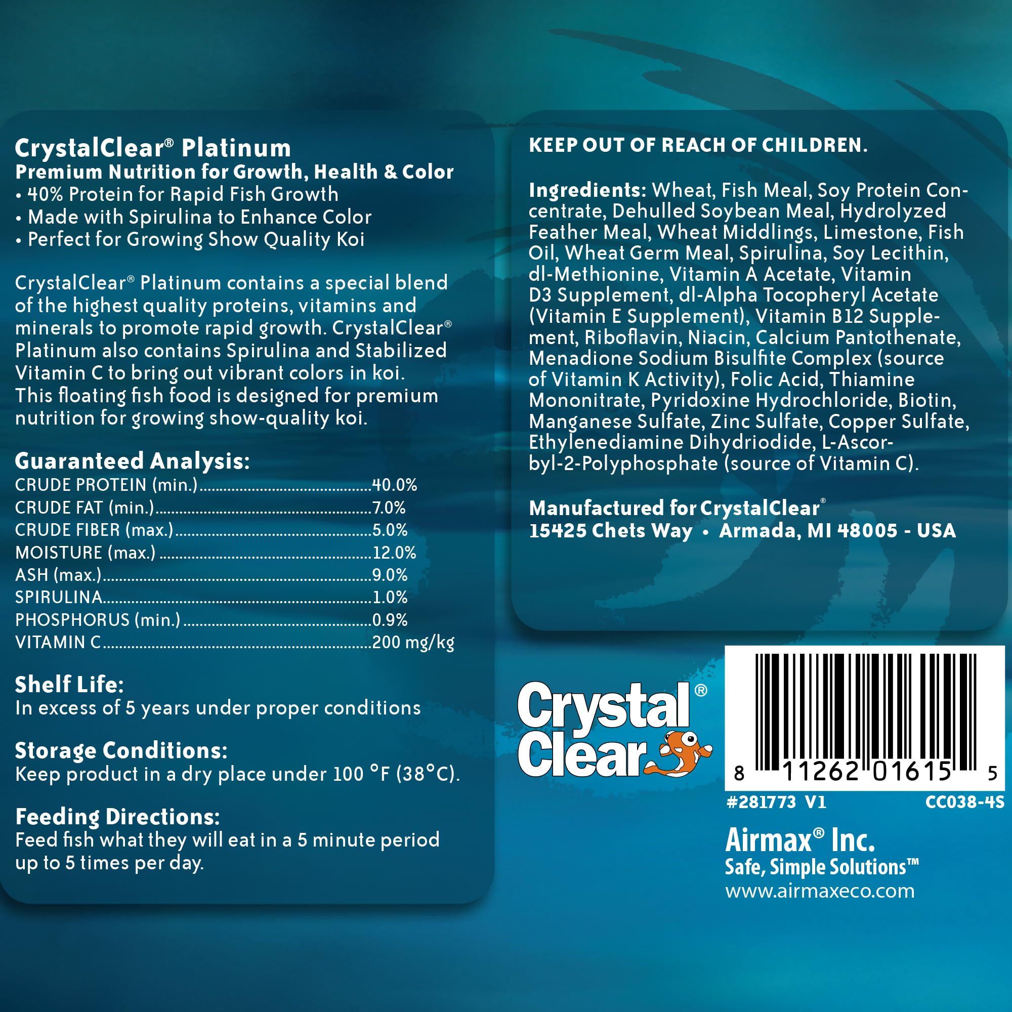CrystalClear Platinum – granulés flottants 5 mm pour grands koi; croissance et vitalité.