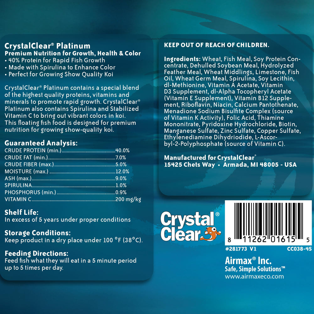 CrystalClear Platinum – granulés flottants 5 mm pour grands koi; croissance et vitalité.