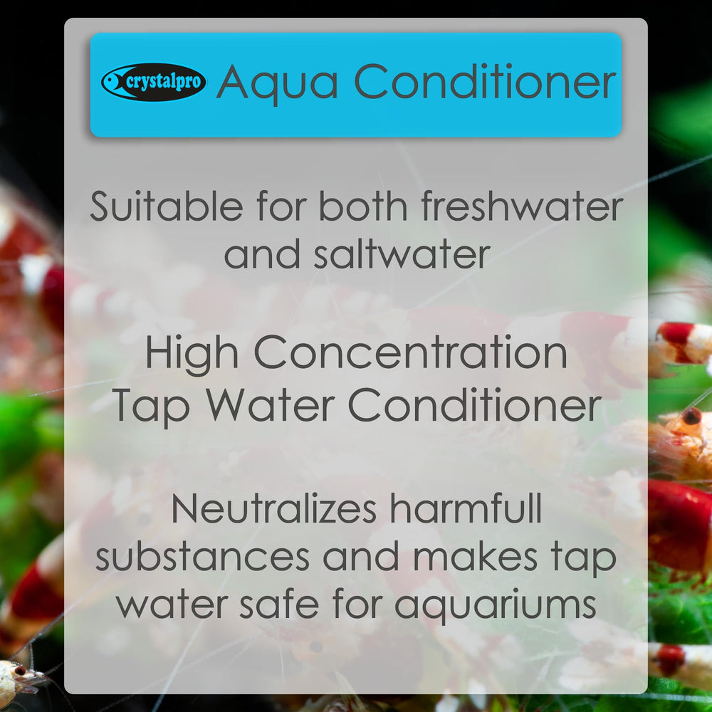 Étiquette claire Crystalpro Aqua Conditioner affichant avantages pour l’eau de l’aquarium.