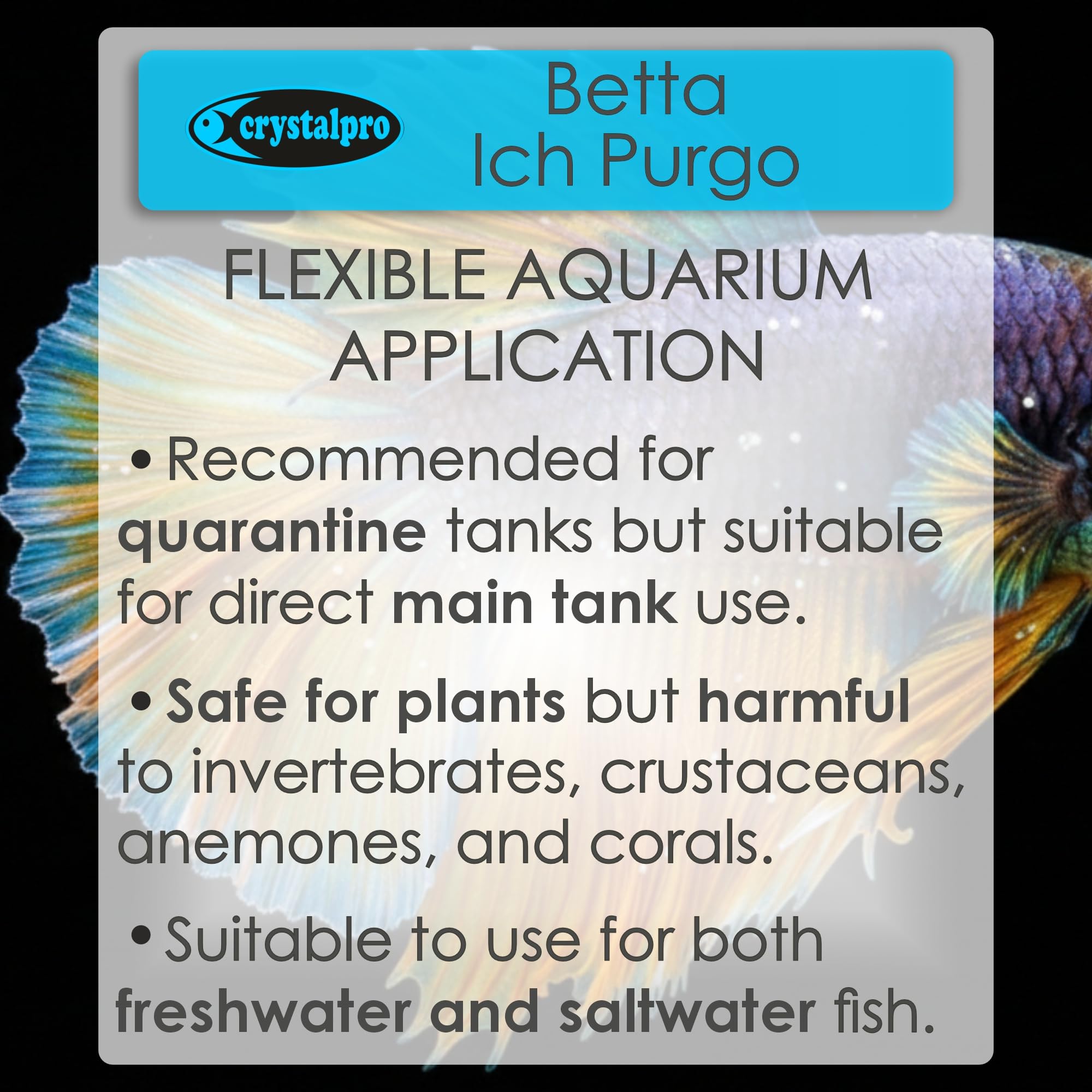Crystalpro Betta Ich Purgo, précautions-bleu, peut teindre surfaces si mal utilisé.