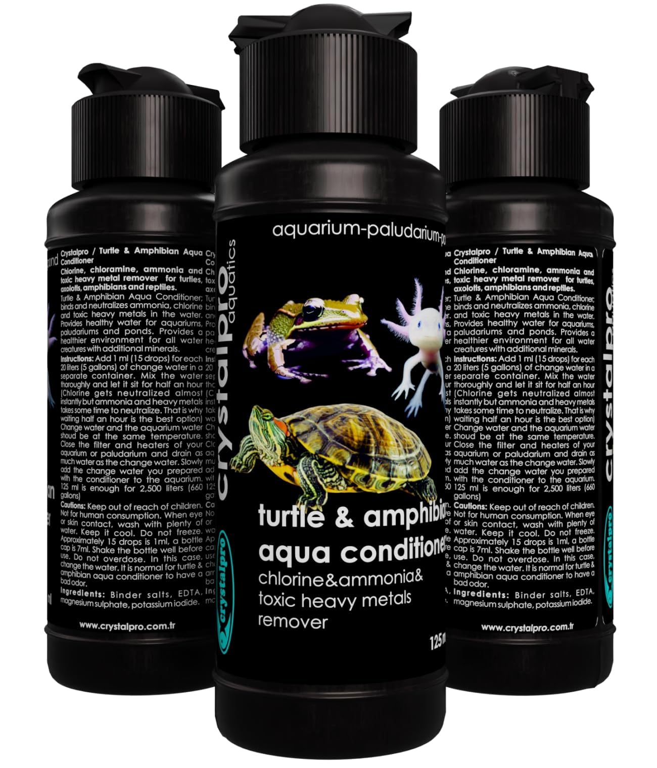 Conditionneur Crystalpro — étiquette montrant les indications pour terrarium et aquarium.