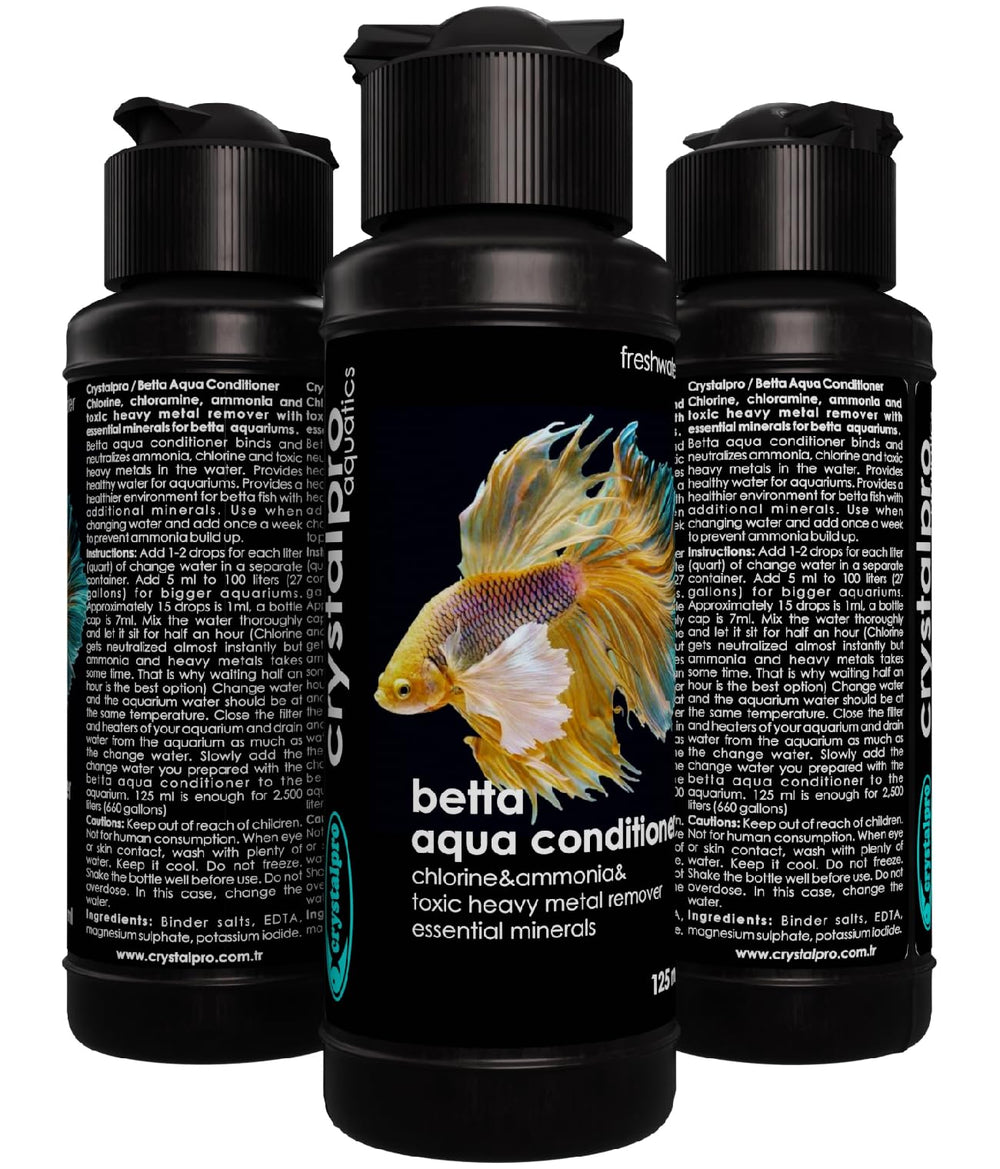 Gouttes Crystalpro Betta facilitant le dosage précis lors du changement d'eau.