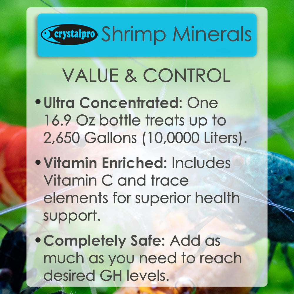 Crystalpro Shrimp Minerals équilibre l’eau d’un aquarium d’eau douce.