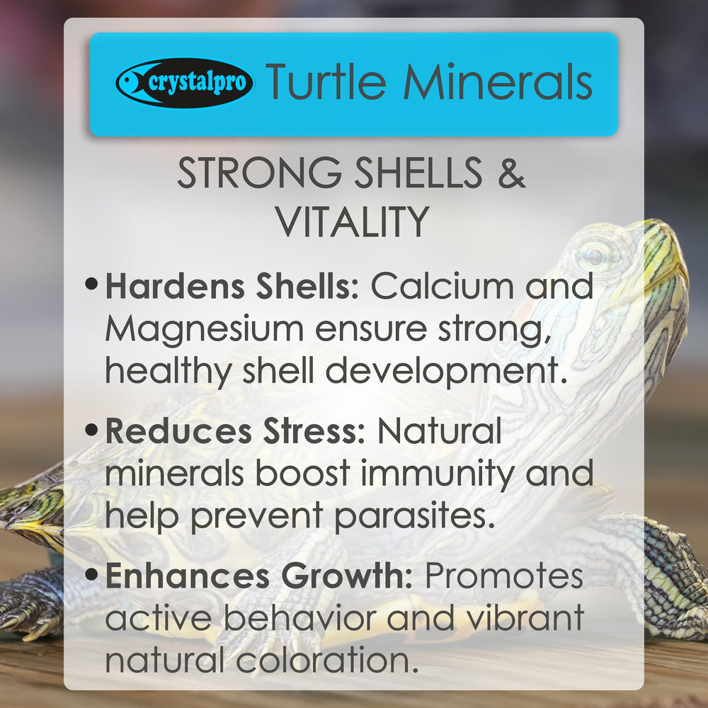 Crystalpro Turtle Minerals — étiquette claire, indique les minéraux essentiels pour tortues.