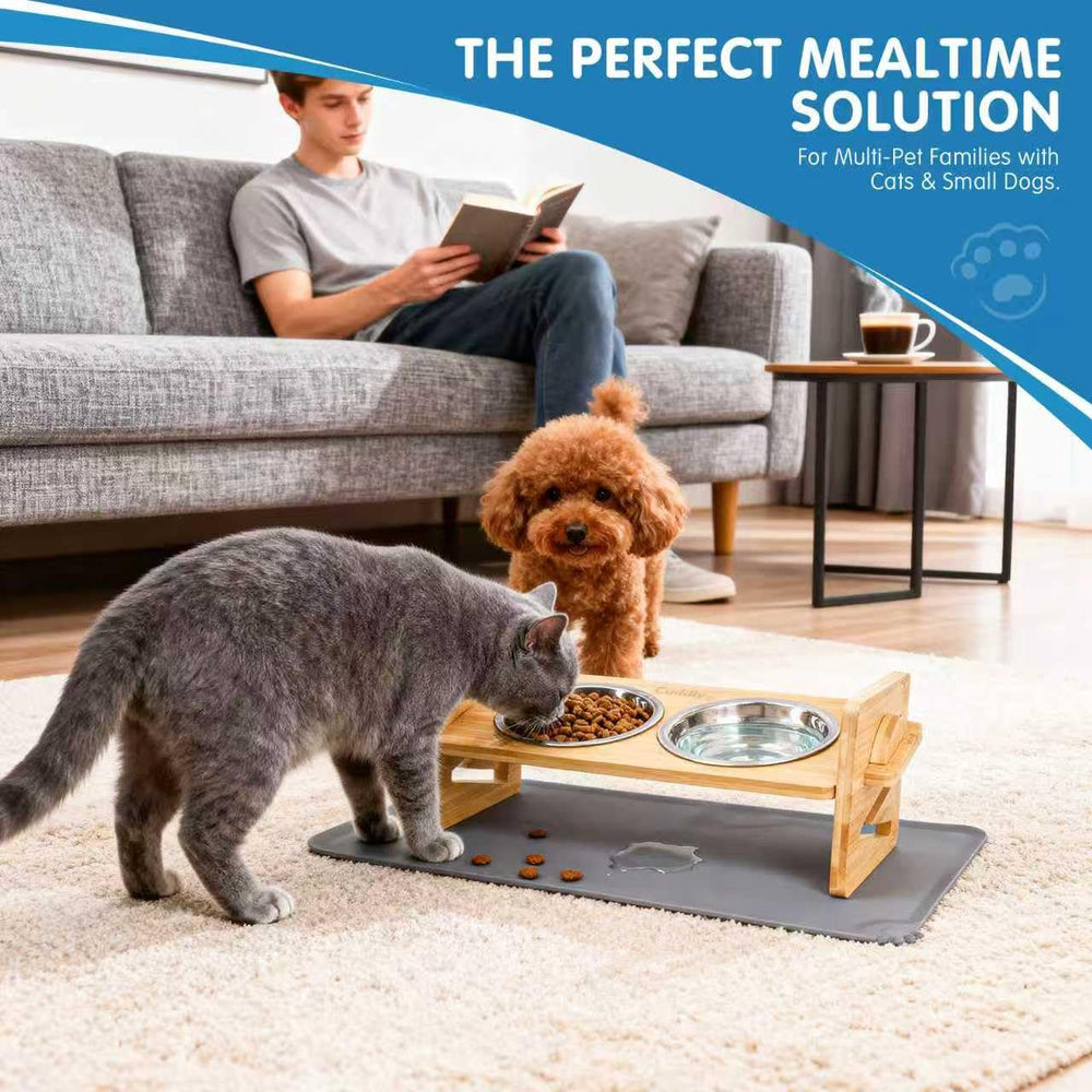 Coffret cadeau pour animaux: support-bols élevé CuddlyCo, pratique et élégant.