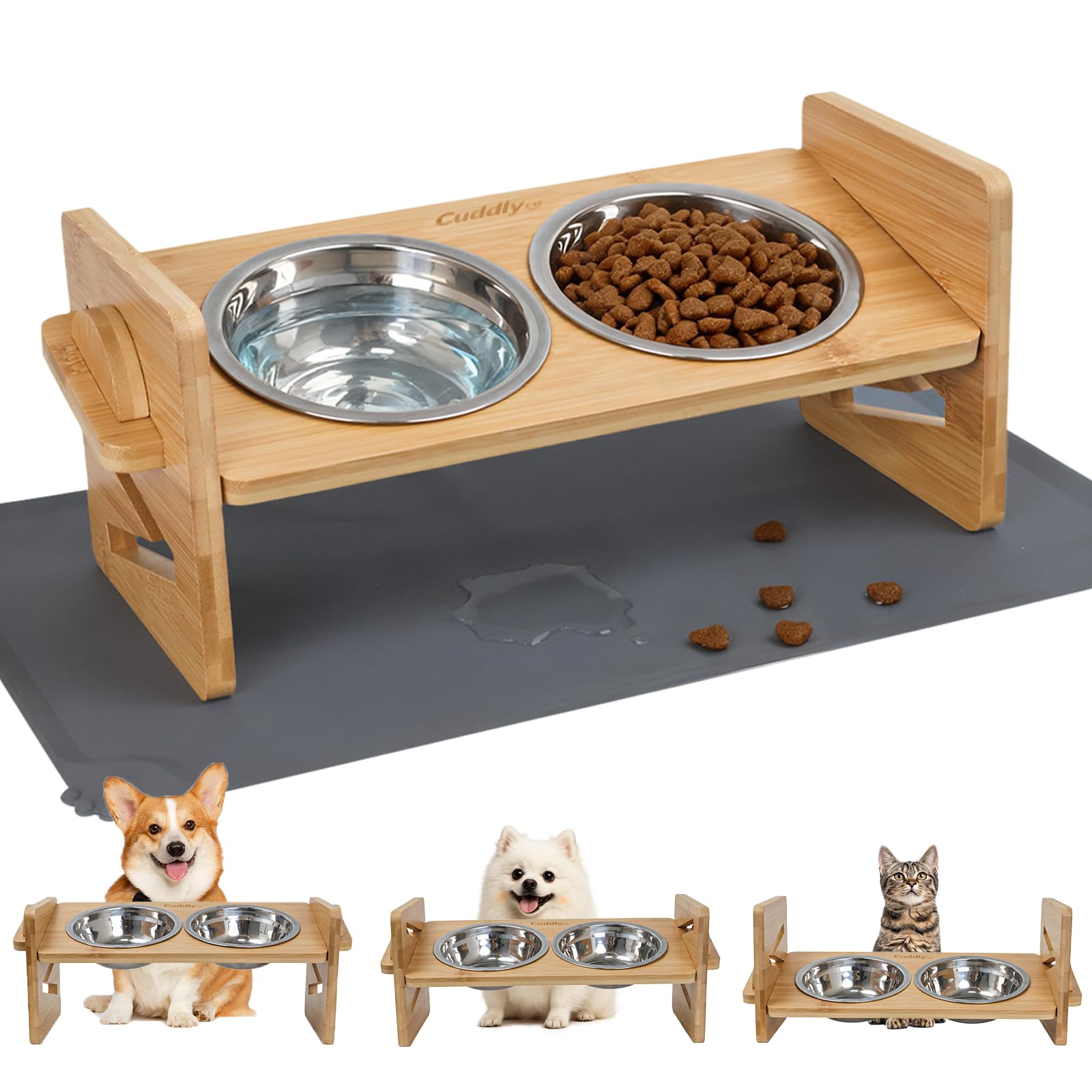 Porte-bols surélevé CuddlyCo en bambou, 3 hauteurs, idéal pour petits chiens et chats.