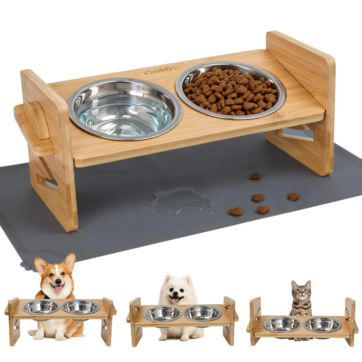 Porte-bols surélevé CuddlyCo en bambou, 3 hauteurs, idéal pour petits chiens et chats.