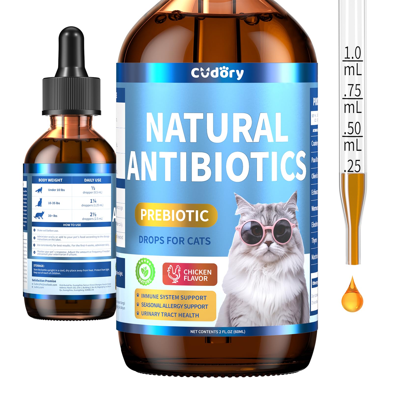 Cudory antibiotiques naturels pour chats – bouteille avec pipette pour administration facile