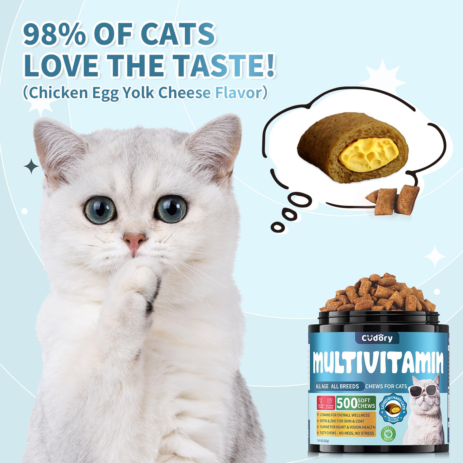 Cudory Chat Multivitamines Croquant-Crémeux: texture savoureuse pour énergie et métabolisme.
