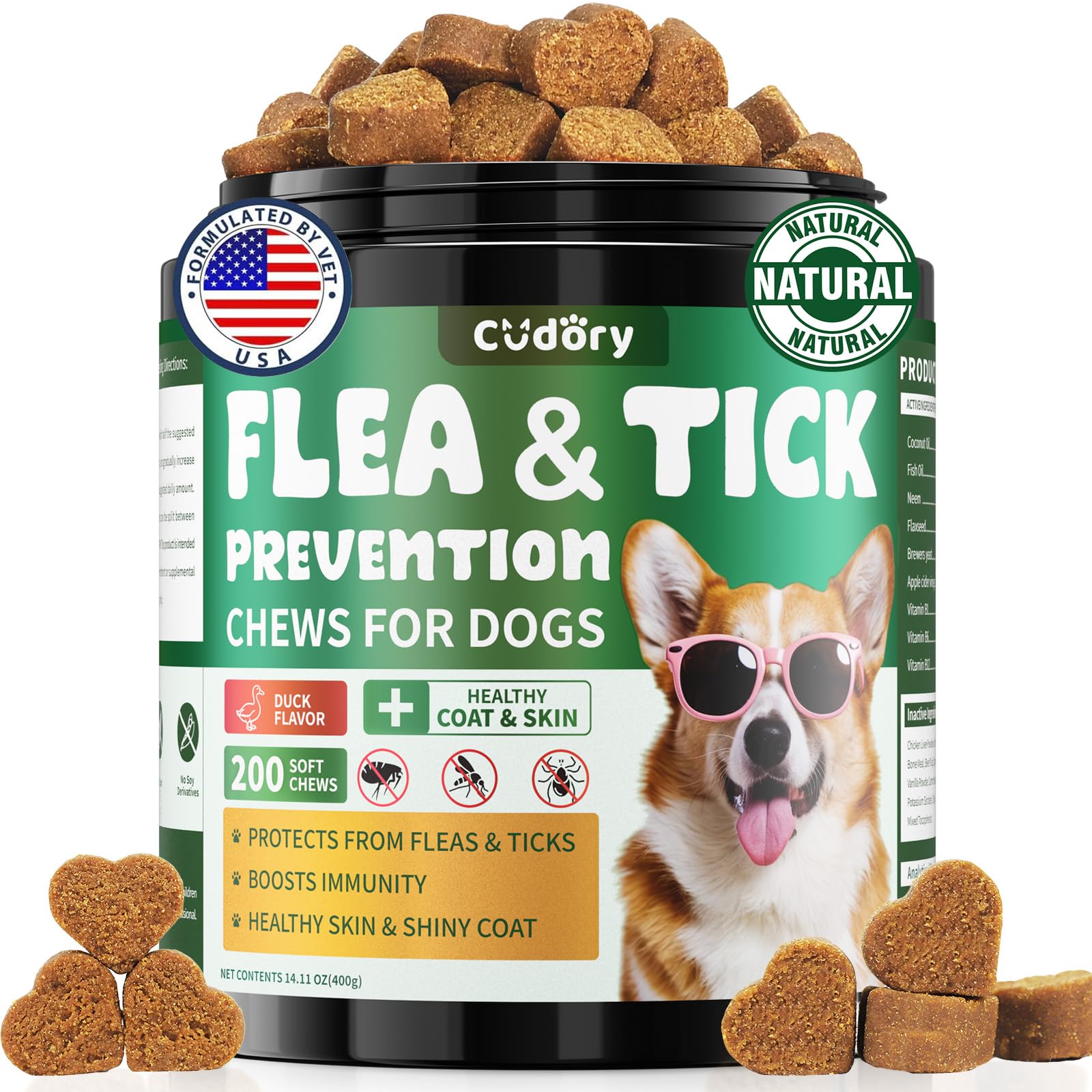 Cudory friandises puces et tiques, emballage pratique pour chiens actifs.