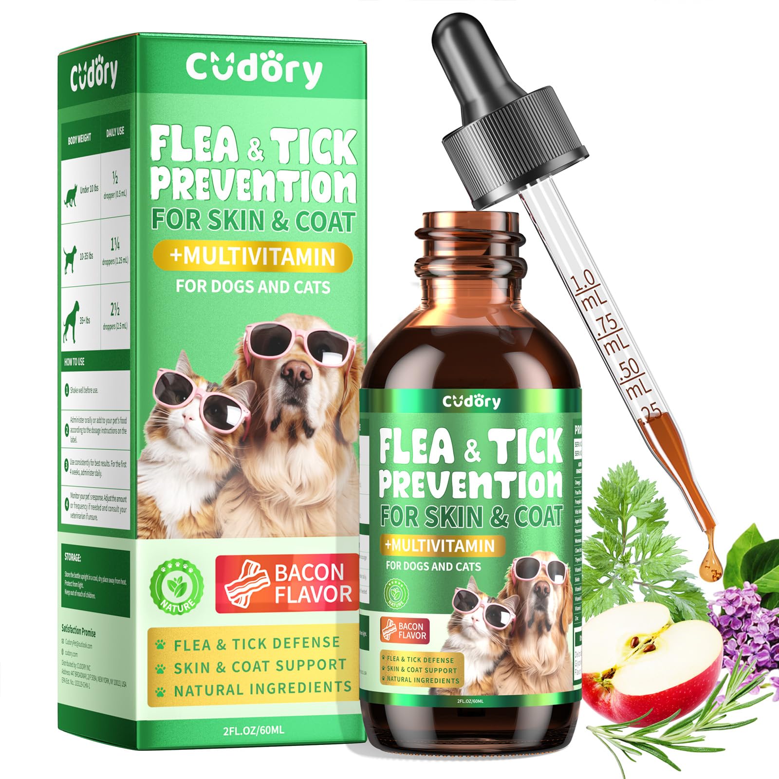 Gouttes Cudory anti-puces et tiques en bouteille pour chiens et chats.