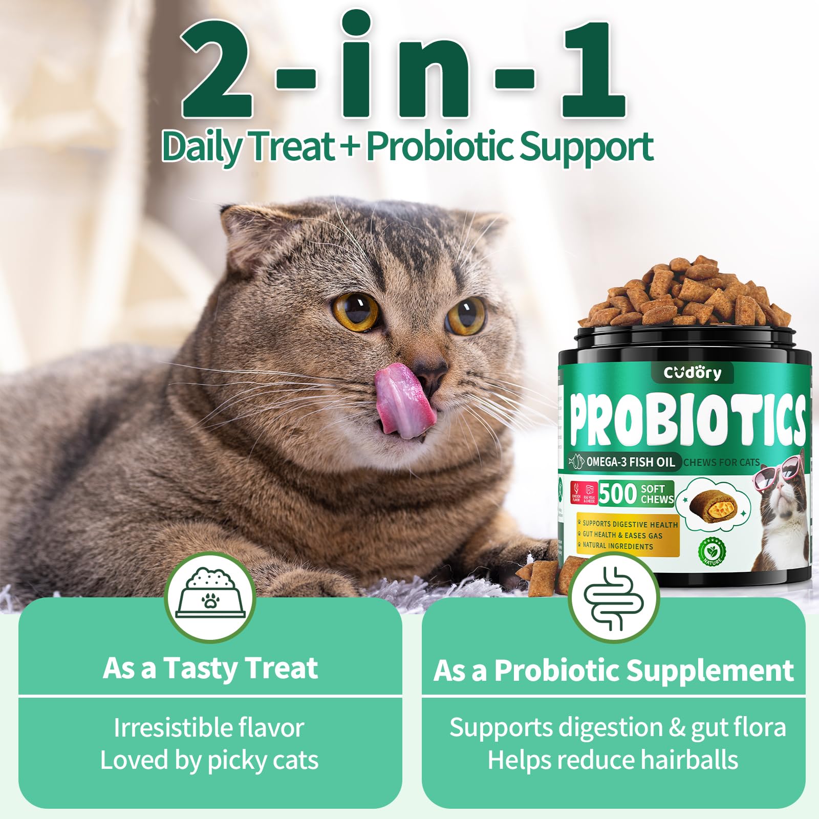 Cudory Probiotiques Chat: oméga-3 issus de poisson pour peau et poil sains.