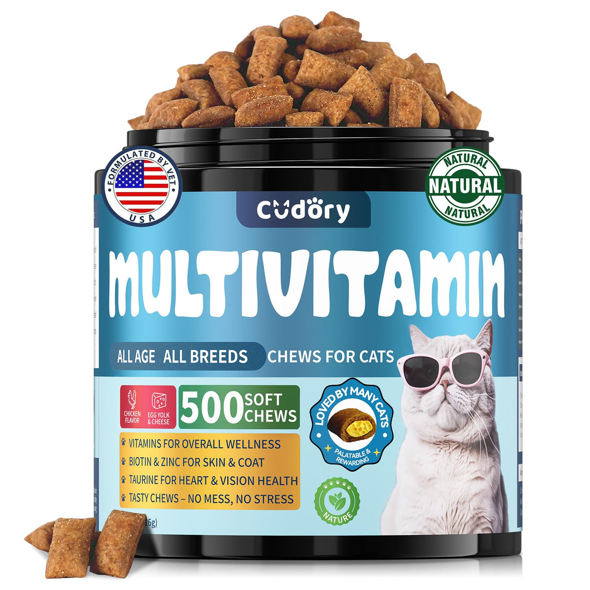 Cudory Taurine pour Chats: friandises 500 offrant un soutien potentiel au cœur et à la vision.