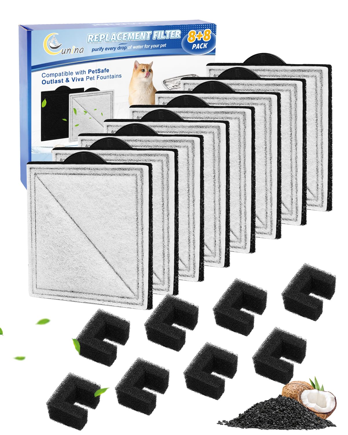 Cunina 8+8 pour fontaine Viva pour chats, filtration efficace des poils et débris.