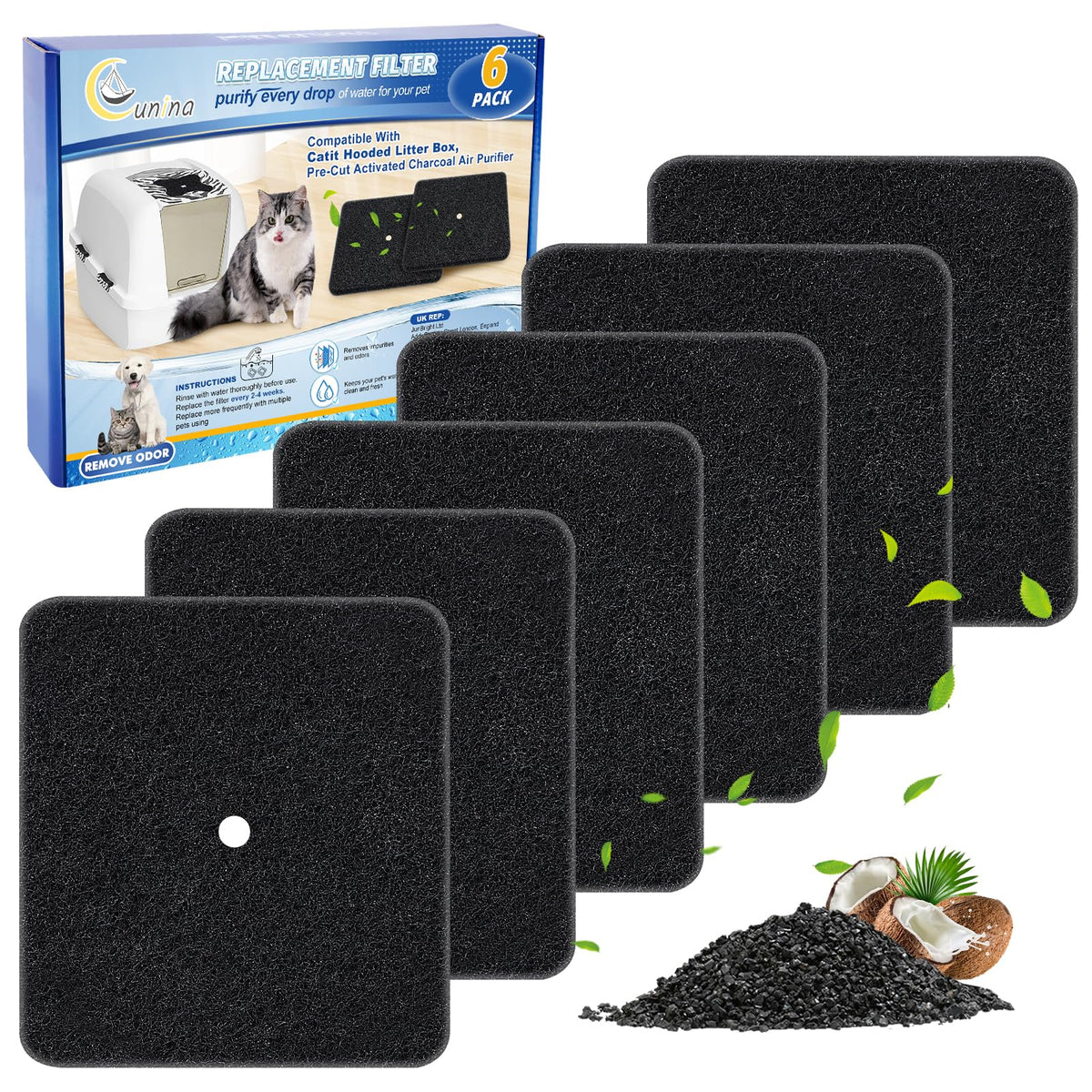Filtre charbon actif Cunina pour Catit Hooded, réduction d’odeurs