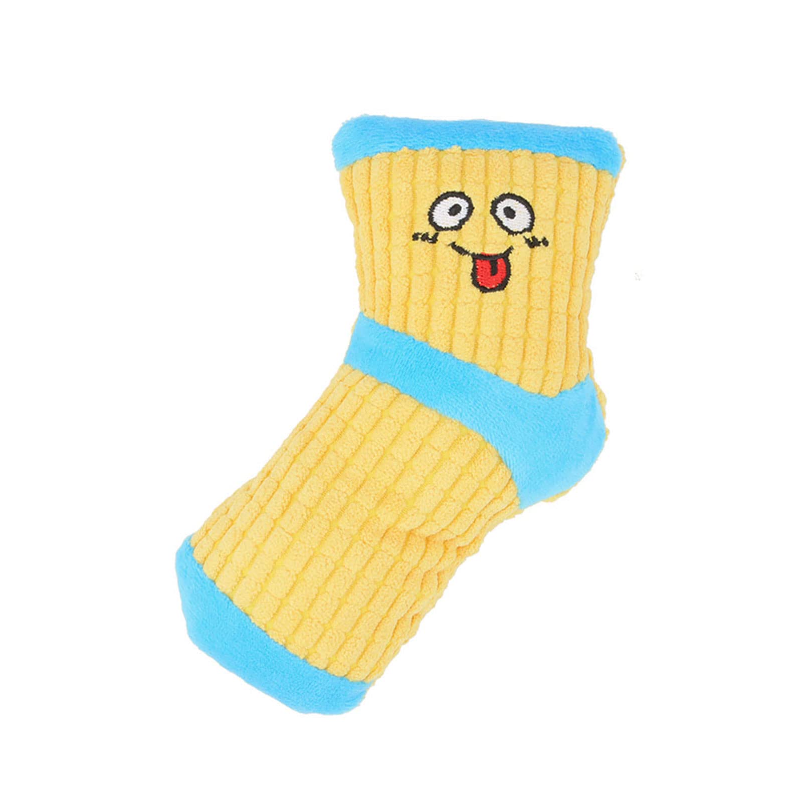 Jouet cuperay-chien-peluche-chaussettes-bleu-jaune: couineur intégré pour chien