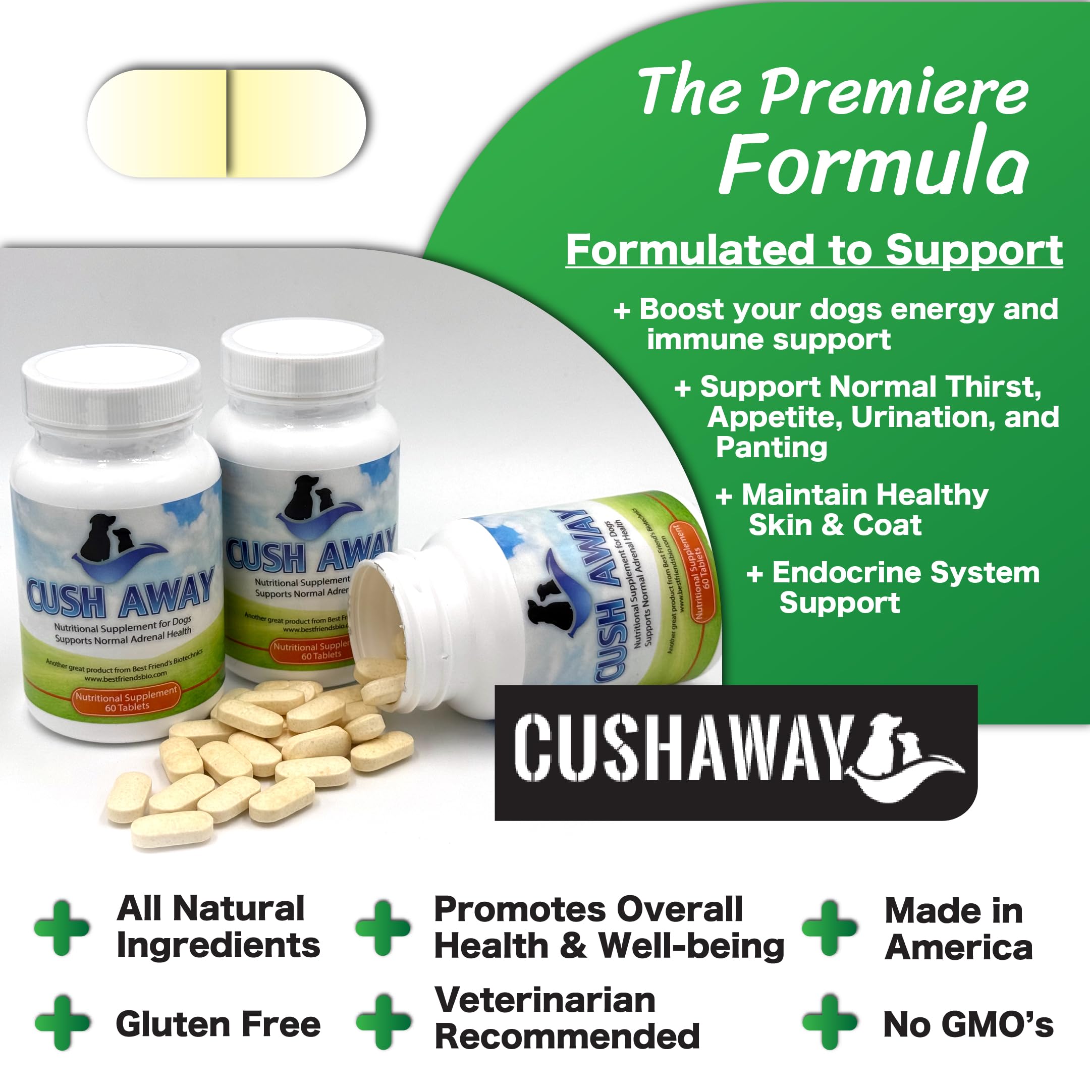 CushAway, lignanes, mélatonine et PS pour absorption optimisée.