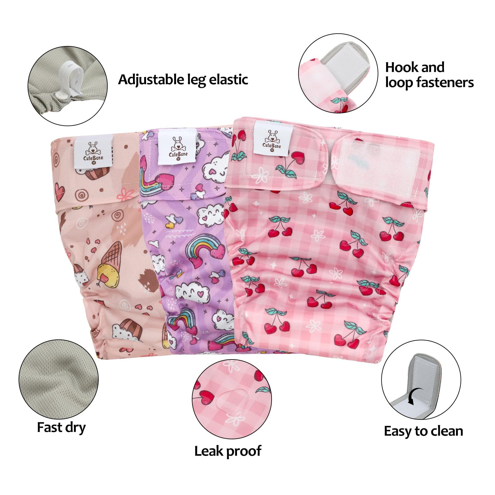 Elastiques de jambes reglables Cutebone garantissant ajustement confortable.