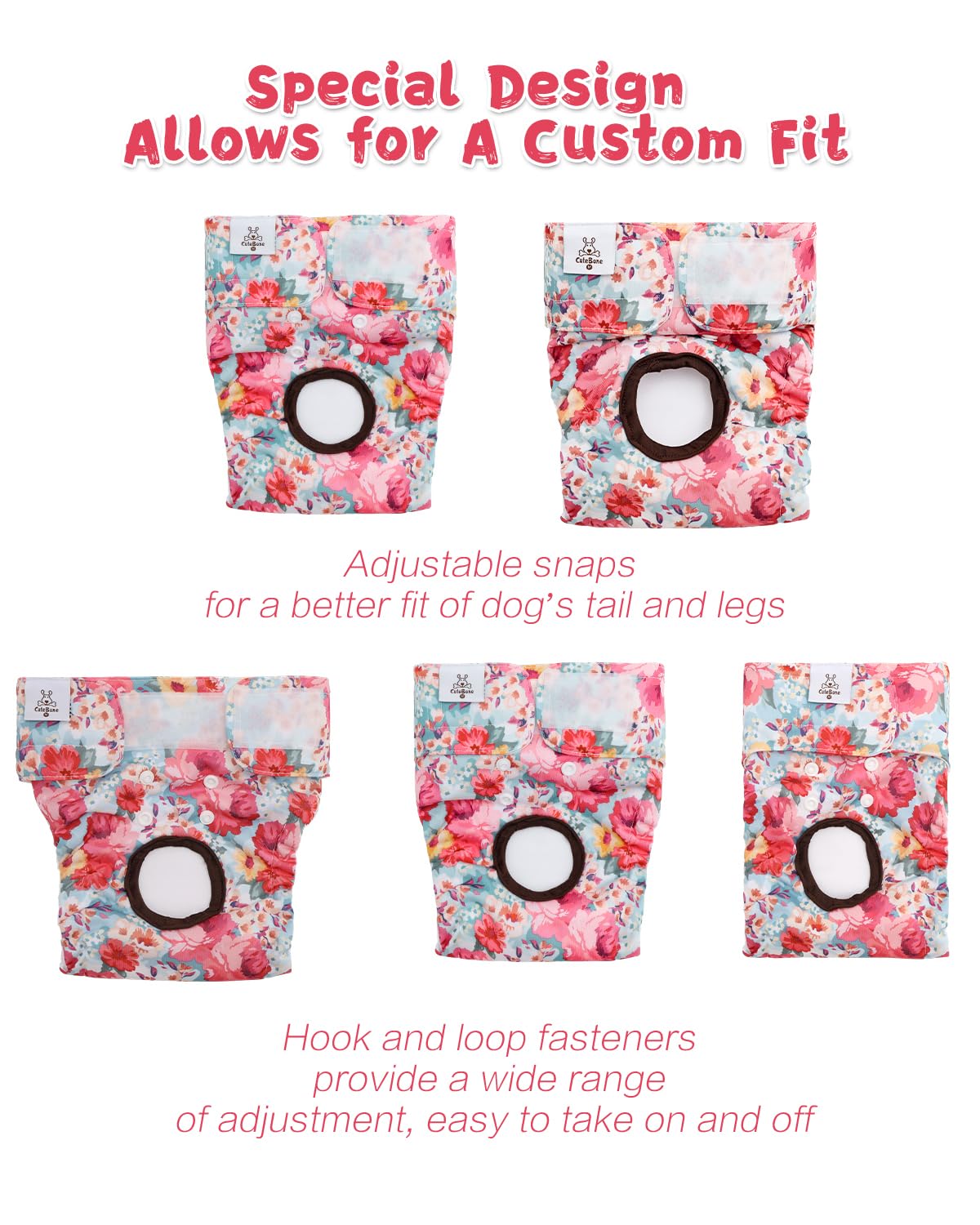 Fermetures auto-agrippantes sur les couches Cutebone pour chien, maintien sûr.