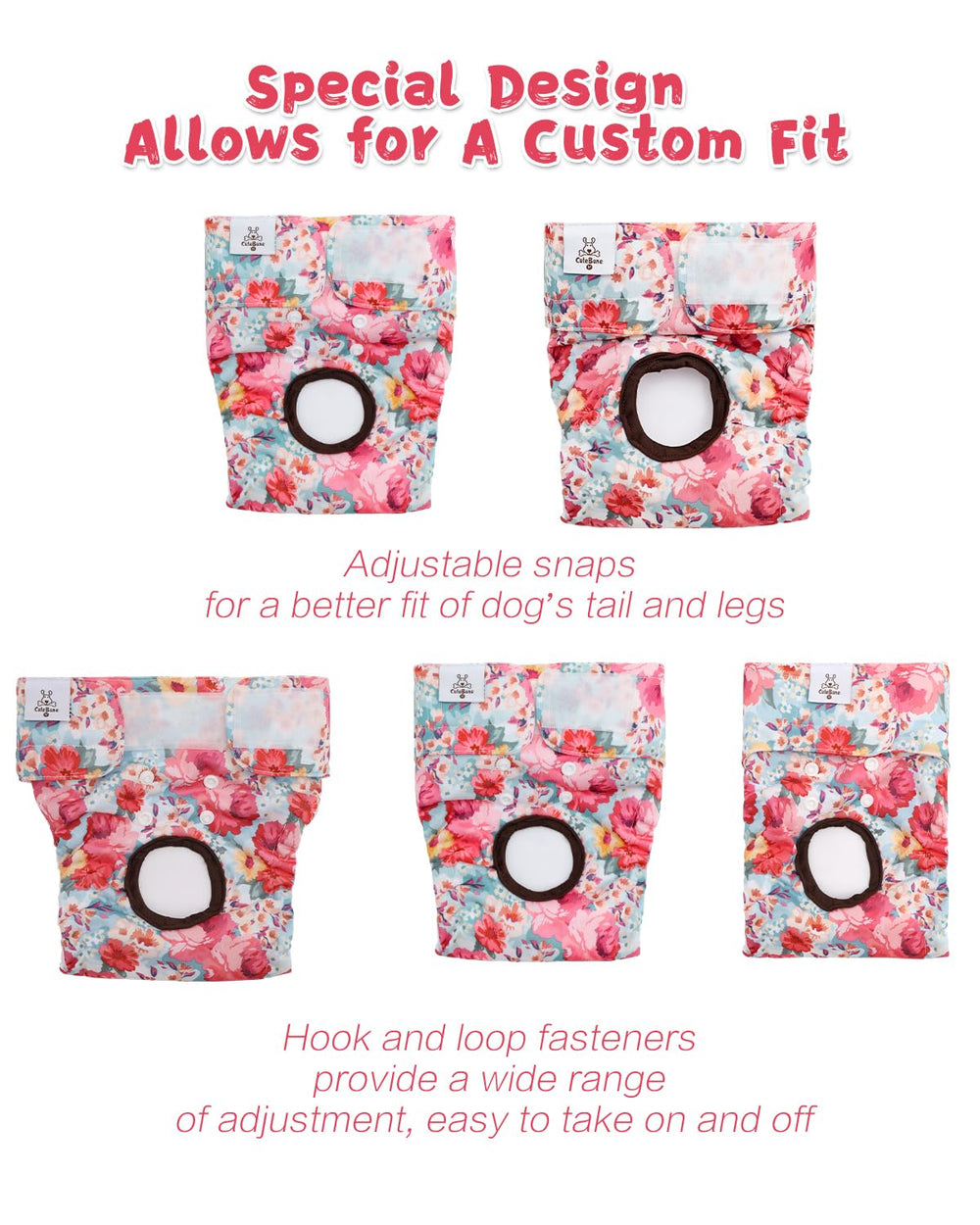Fermetures auto-agrippantes sur les couches Cutebone pour chien, maintien sûr.