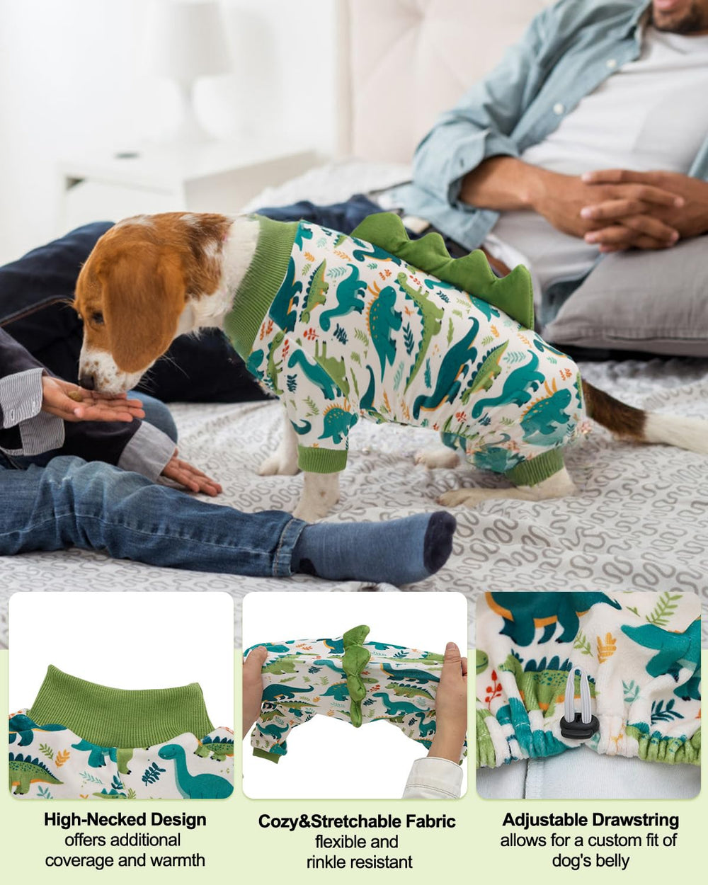 CuteBone pyjama dinosaure chien, elasticité spandex, mouvement libre pendant le jeu.