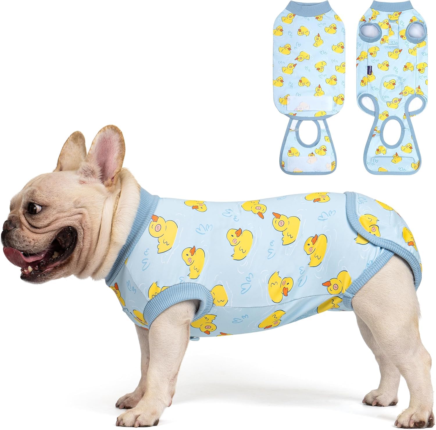 Combinaison de récupération pour chien, canard jaune, tissu doux offrant confort et mobilité.