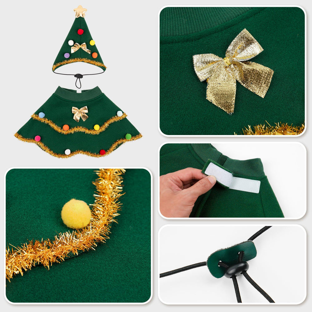 Chien arborant un look festif grâce au costume arbre de Noël.