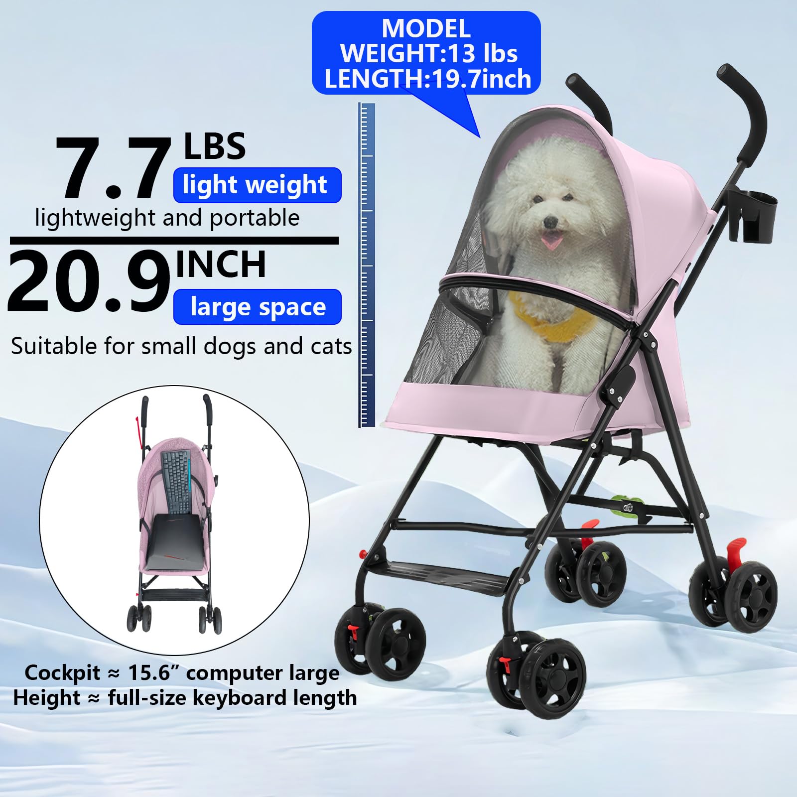 CYUmail Poussette rose: roues arrière avec freins pour sécuriser votre petit animal.