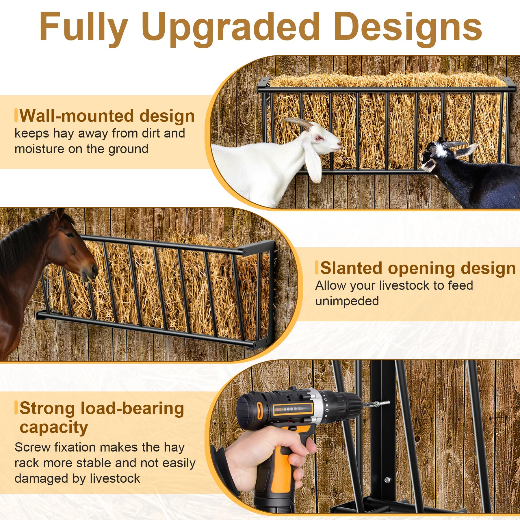 Distributeur Dabolang design ouvert pour alimentation simultanée de chèvres et chevaux.