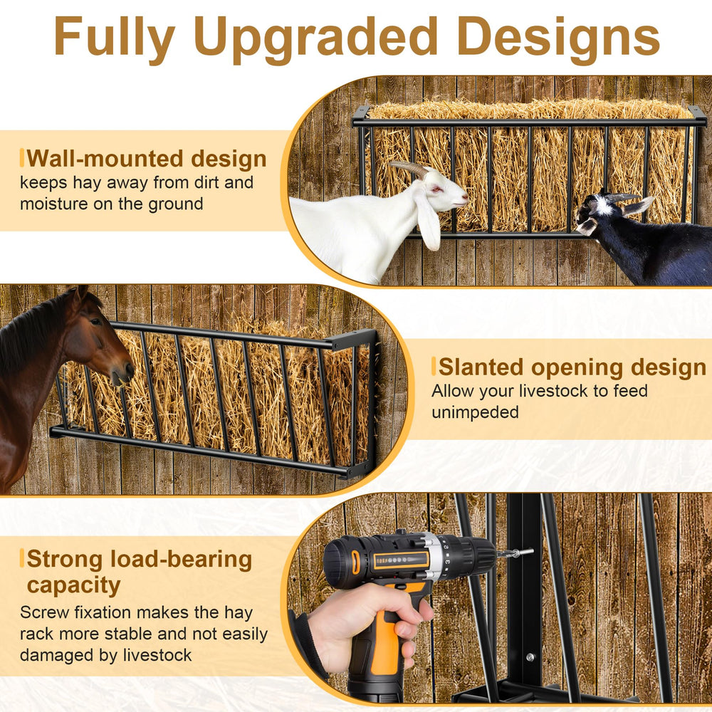 Distributeur Dabolang design ouvert pour alimentation simultanée de chèvres et chevaux.