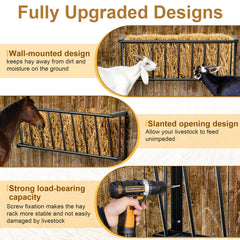 Distributeur Dabolang design ouvert pour alimentation simultanée de chèvres et chevaux.